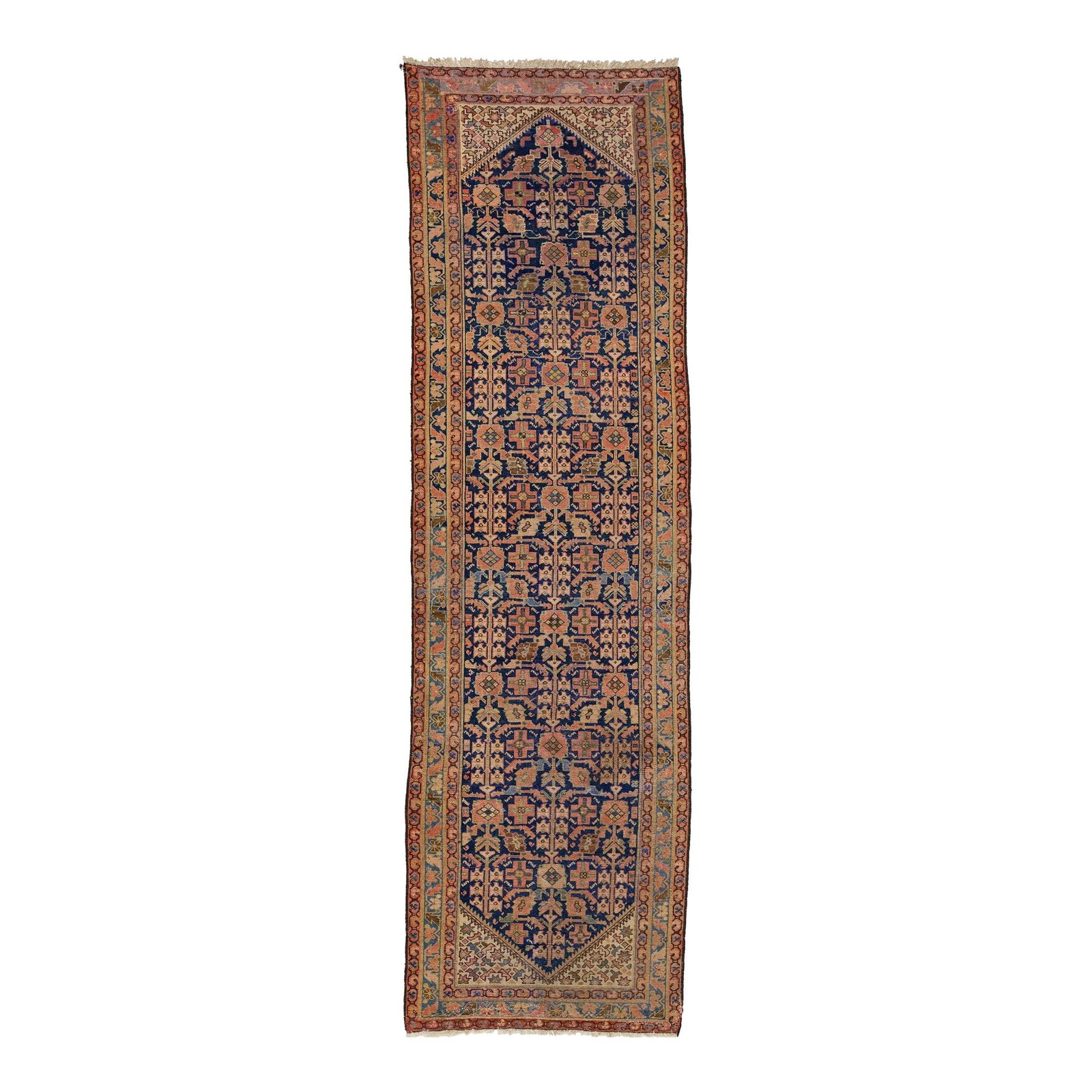 20th Century Persian Malayer Wool Runner Blue Geometric Design 3'3" x 11'4": 20th Century Persian Malayer Wool Runner Blue Geometric Design 3'3" x 11'4" This exquisite 20th-century handmade Persian Malayer runner showcases a stunning blue field adorned with intricate geometric