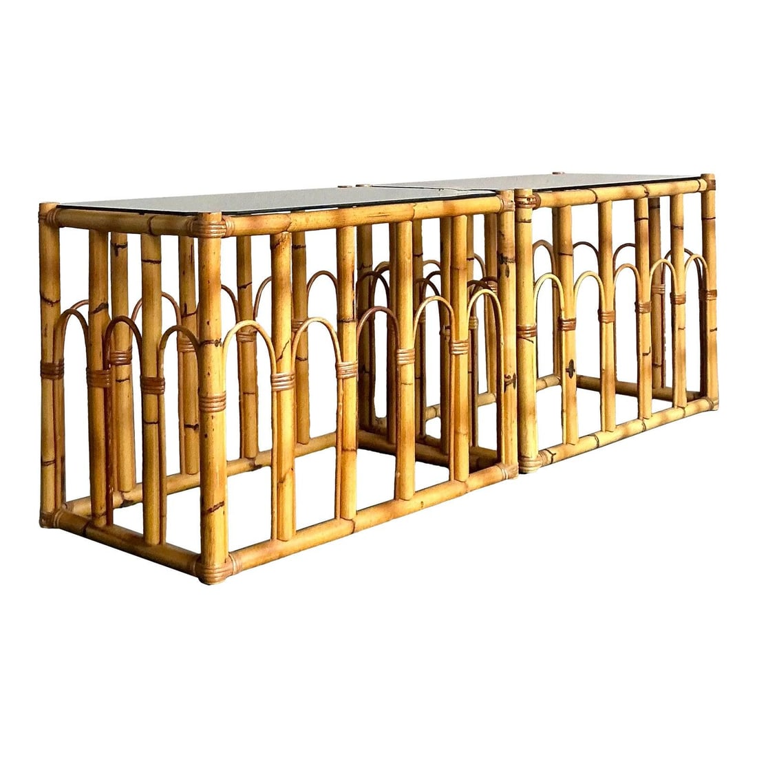 Pair of Tortoise Rattan Side Tables With Smoked Glass Tops (1 of 10)