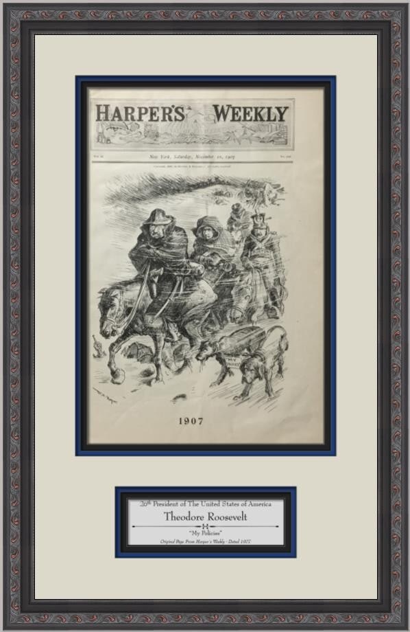 1907 Harper's Weekly Newspaper Custom Framed with Engraving: 1907 Harper's Weekly Newspaper Custom Framed with Engraving This original 1907 newspaper from Harper's Weekly features a detailed engraving and is custom framed for an elegant display. The paper measu