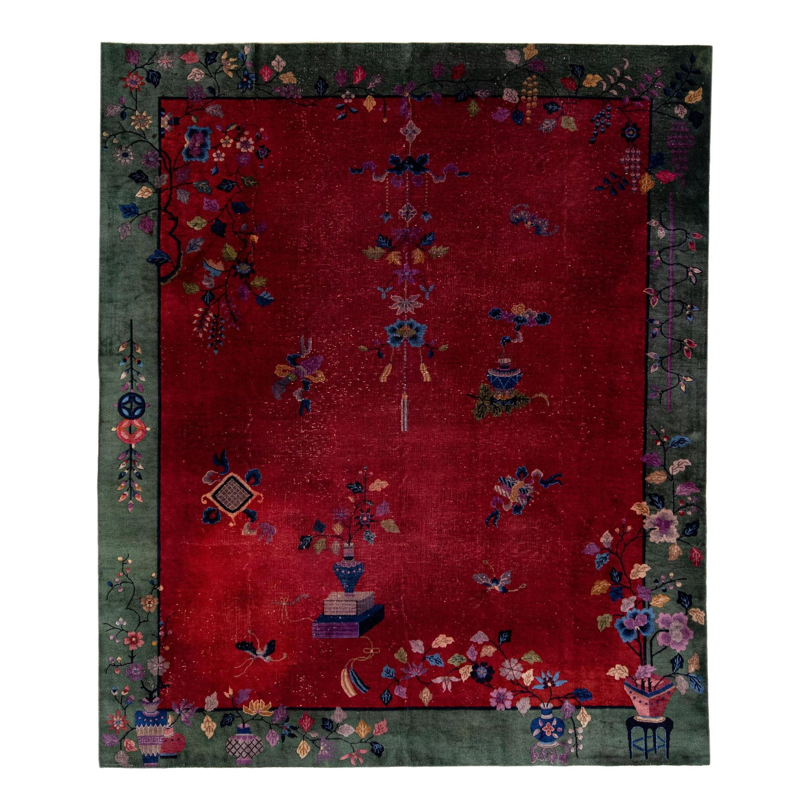 Antique Art Deco Chinese Wool Rug Red Green Floral 8'1" x 9'8" (1 of 8)