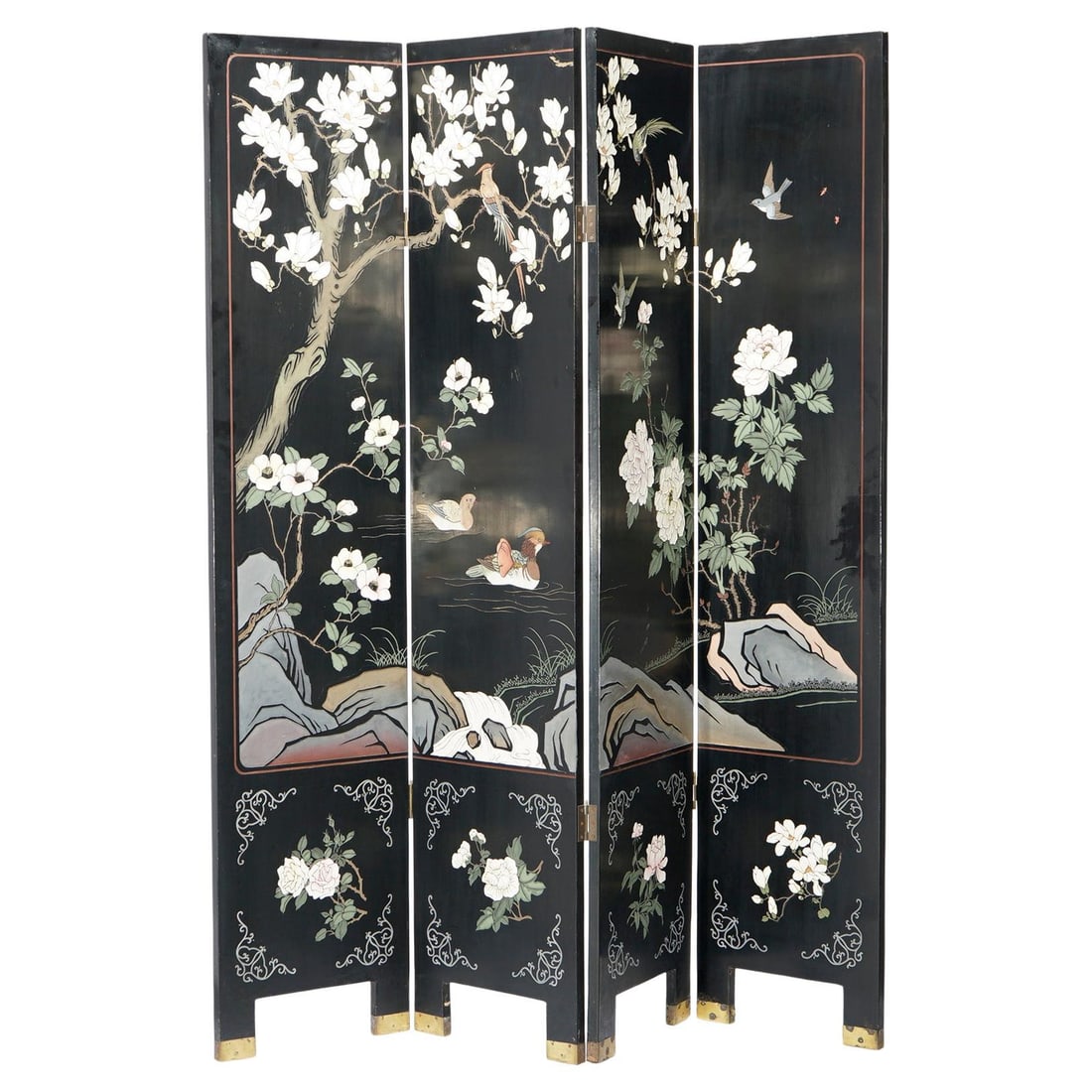Chinoiserie Ebonized Four Panel Landscape Screen 20th Century (1 of 18)