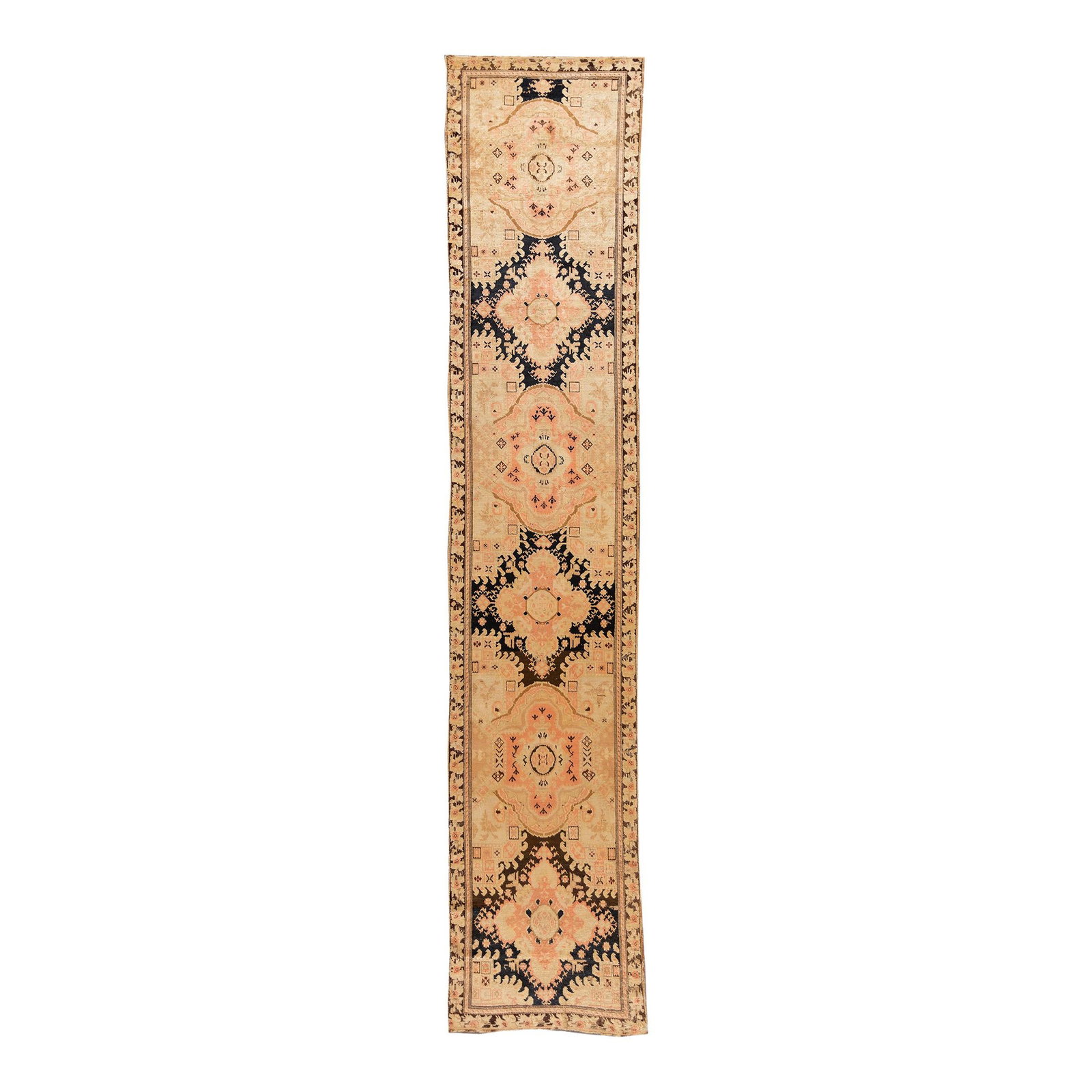 Late 19th Century Karabakh Handmade Beige Wool Runner 3'6 x 18'4 Medallion Design: Late 19th Century Karabakh Handmade Beige Wool Runner 3'6 x 18'4 Medallion Design Discover this exquisite late 19th-century Karabakh runner, meticulously handcrafted from high-quality beige wool. Ador