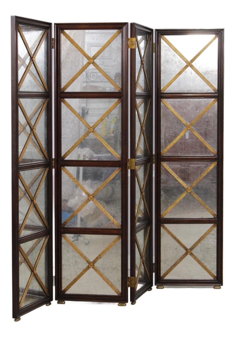 Regency Style Mirrored Folding Screen With Gold Accents And Brass Hardware (1 of 10)