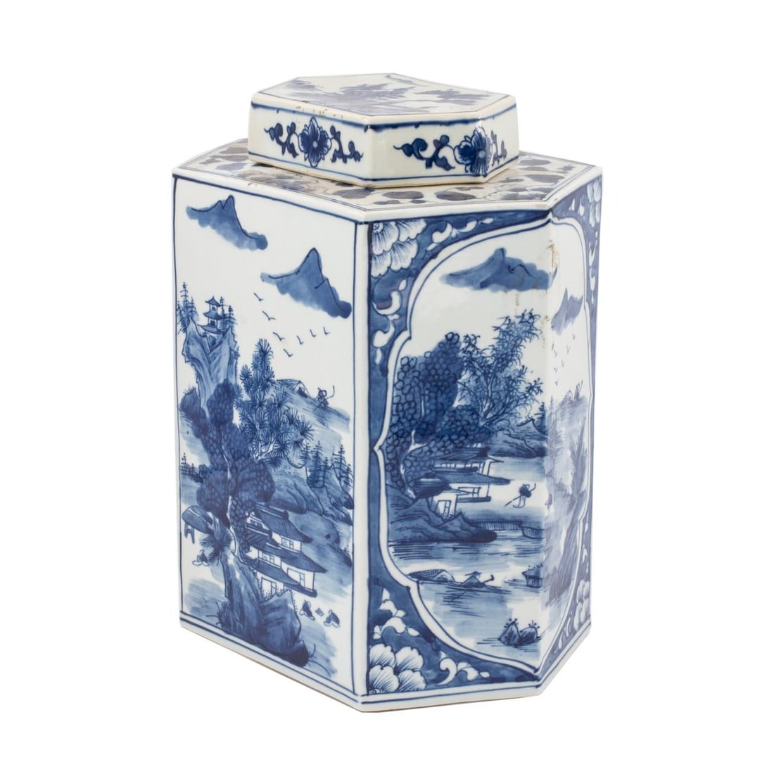 Hand-Painted Ceramic Hexagonal Jar Blue White River Village Scene (1 of 4)