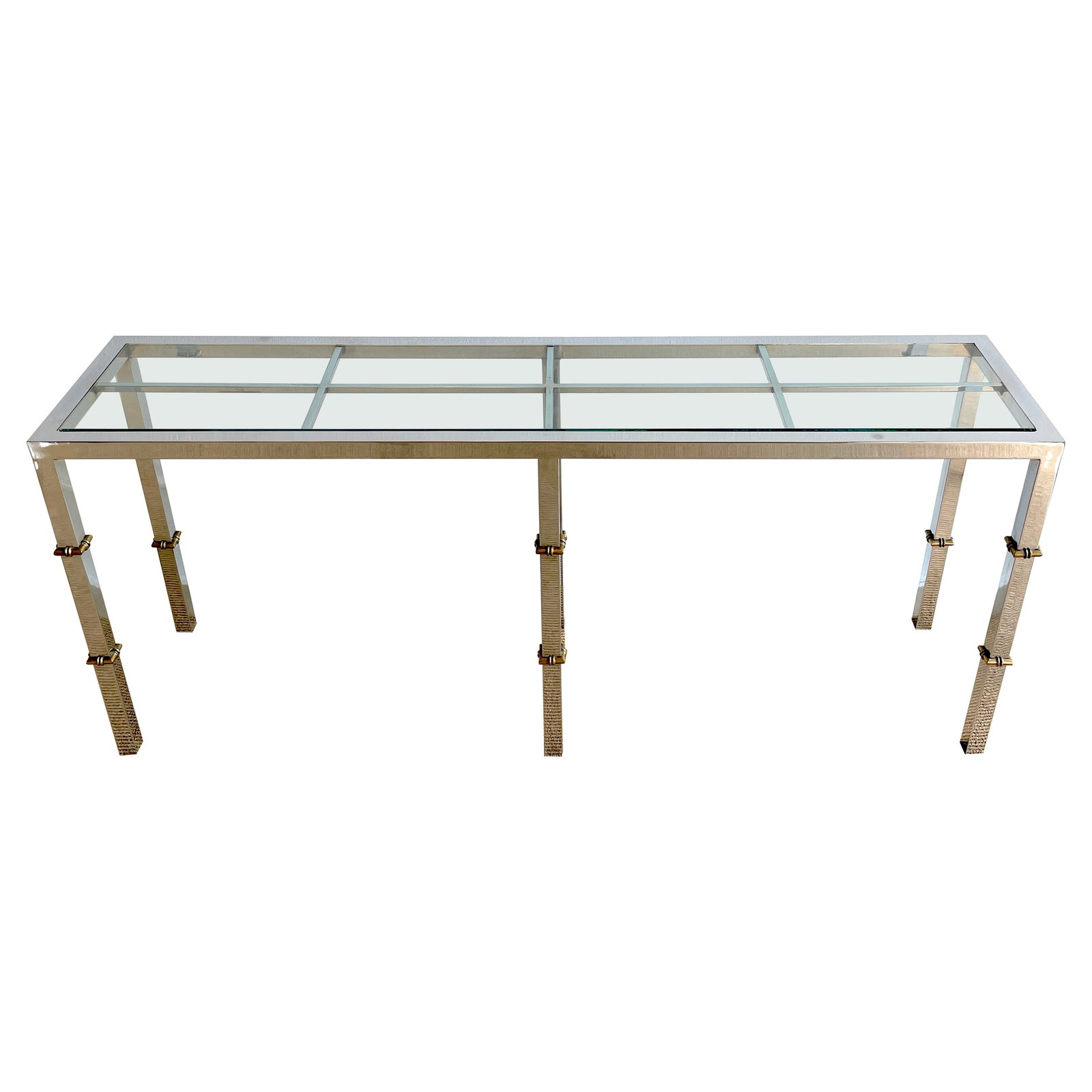 1970s Italian Mid-Century Console Chrome Glass Brass Faux Bamboo: 1970s Italian Mid-Century Console Chrome Glass Brass Faux Bamboo This stunning Italian console from the 1970s showcases a harmonious blend of chrome and glass, embodying the essence of Mid-Century Mod
