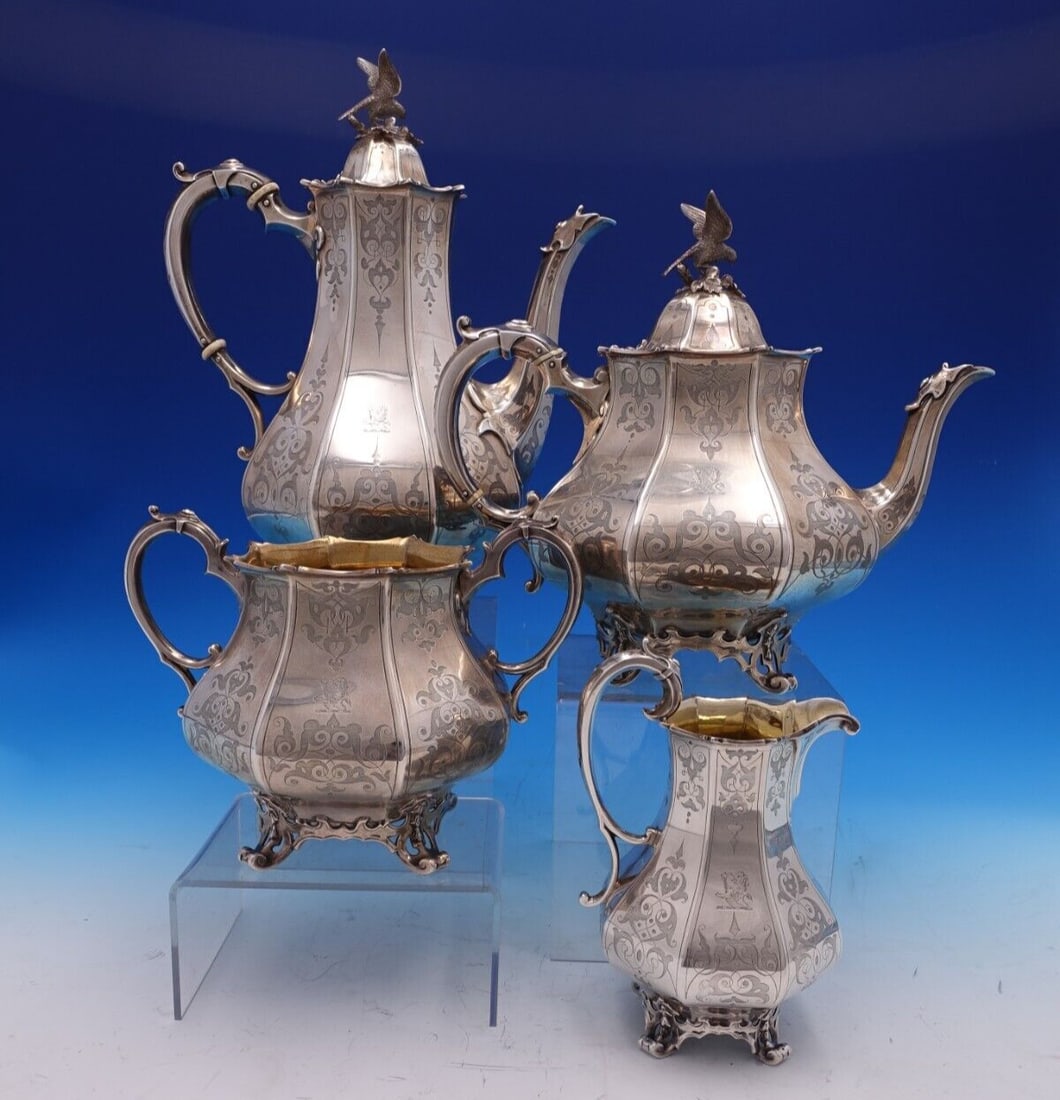 Edward John Barnard Victorian Sterling Silver 4pc Tea Set with Bird Finials (1 of 18)
