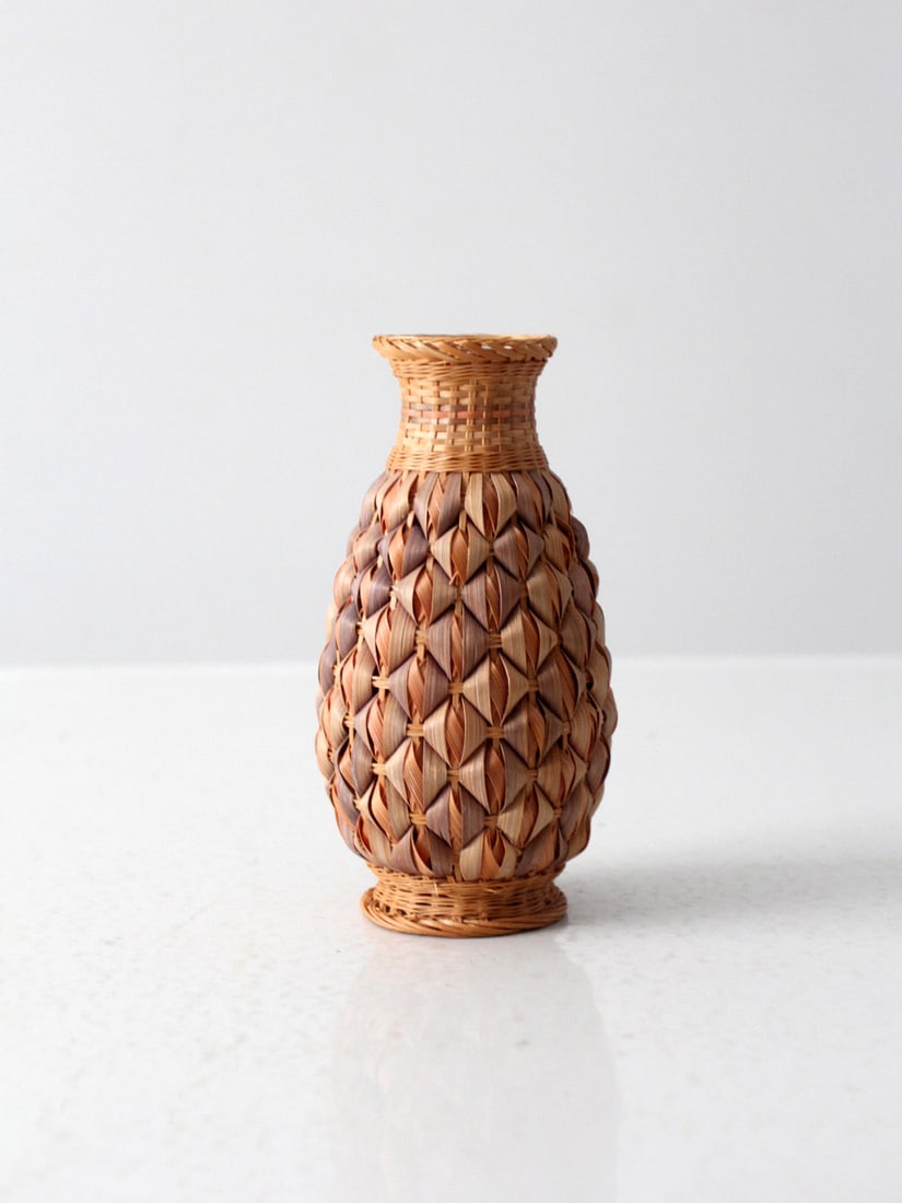 Vintage Wicker Wrapped Vase with White Ceramic Center (1 of 9)