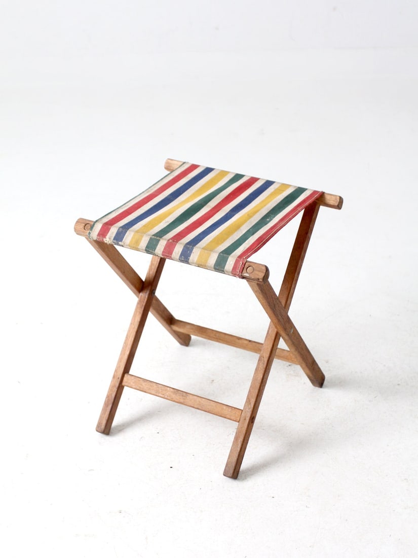 1940s Vintage American Folding Camp Stool with Striped Canvas Seat (1 of 11)