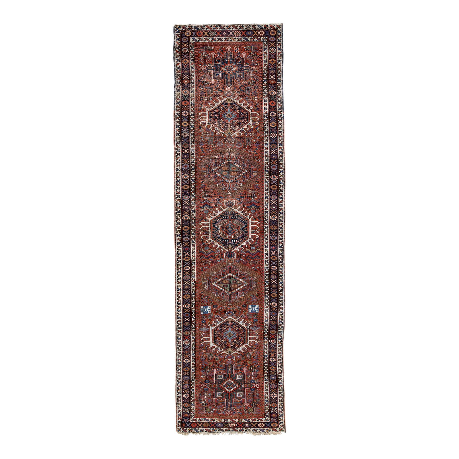 Vintage Karajah Wool Runner 3' x 10'8" Multi Medallion Design: Vintage Karajah Wool Runner 3' x 10'8" Multi Medallion Design This stunning vintage Karajah hand-knotted wool runner rug features a vibrant brick red field adorned with a captivating all-over geometri