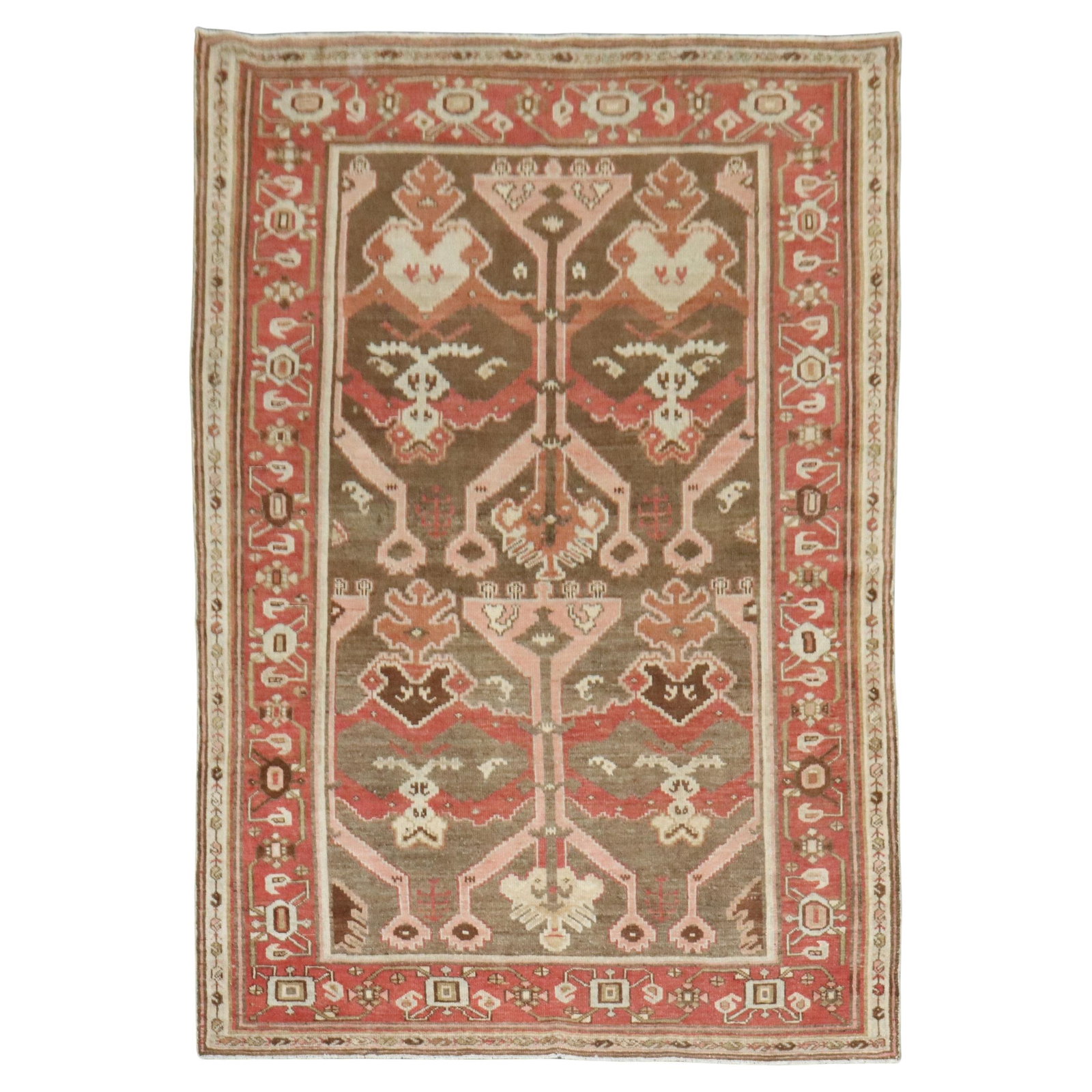 Zabihi Collection Hand-Woven Persian Rug 4'3 x 6'5 Rustic Wool Iran 1930: Zabihi Collection Hand-Woven Persian Rug 4'3 x 6'5 Rustic Wool Iran 1930 This stunning Zabihi Collection Persian rug showcases a rich chocolate brown field adorned with a tribal all-over design in rus