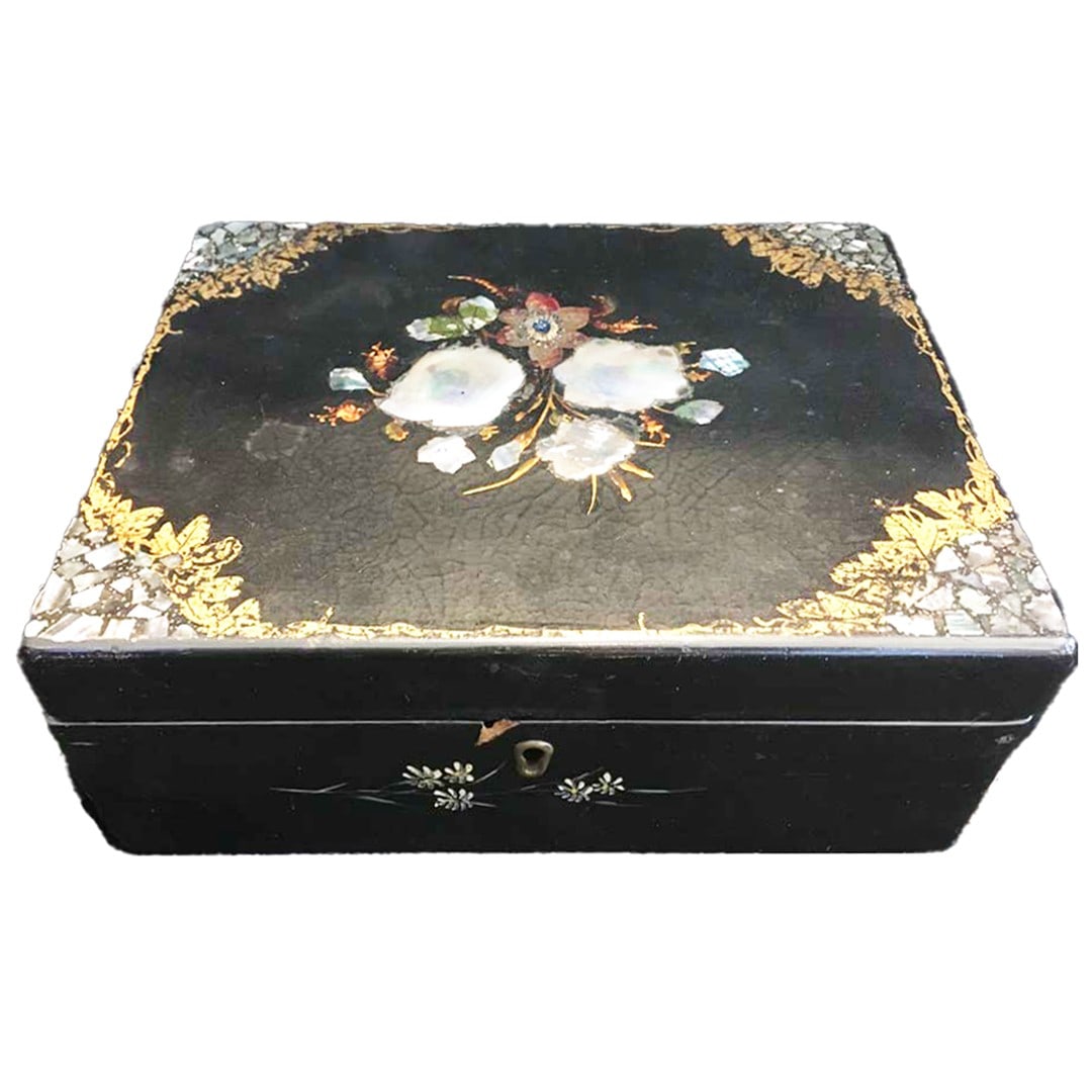 Antique Black Lacquered Box by Jennens & Bettridge with Mother of Pearl Inlay (1 of 4)