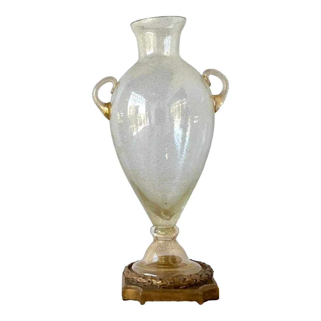 15" Italian Murano Pulegoso Glass Urn With Gold Leaf Wooden Base: 15" Italian Murano Pulegoso Glass Urn With Gold Leaf Wooden Base This monumental vintage Murano glass urn exemplifies Italian glassmaking, featuring a classical amphora silhouette with gracefully curv