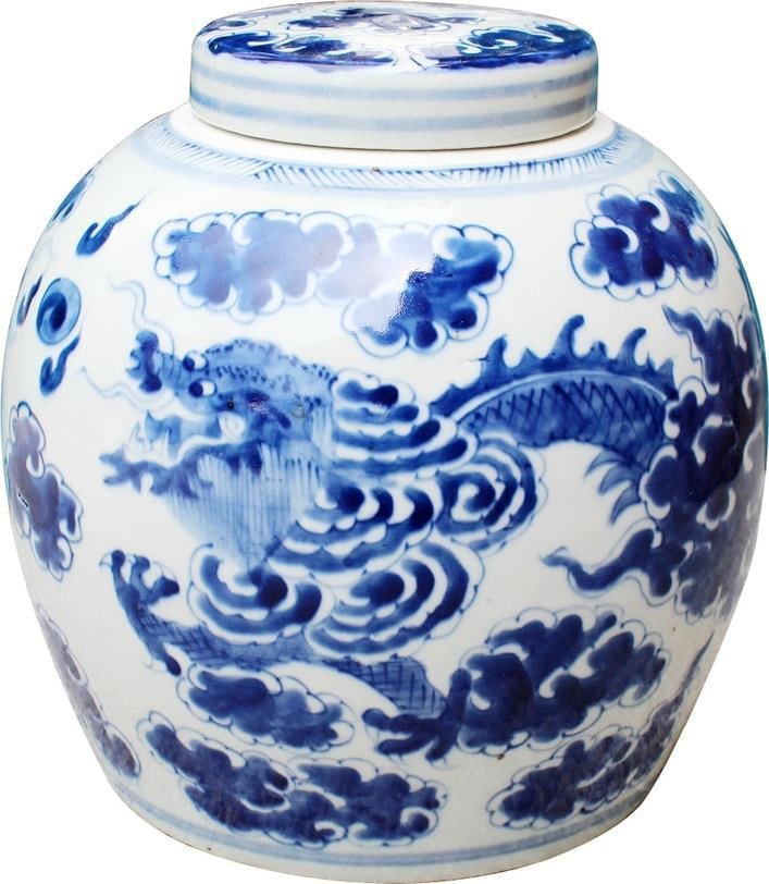 Handmade Blue Dragon Motif Ancestor Jar 9x9x9 Inches (1 of 3)