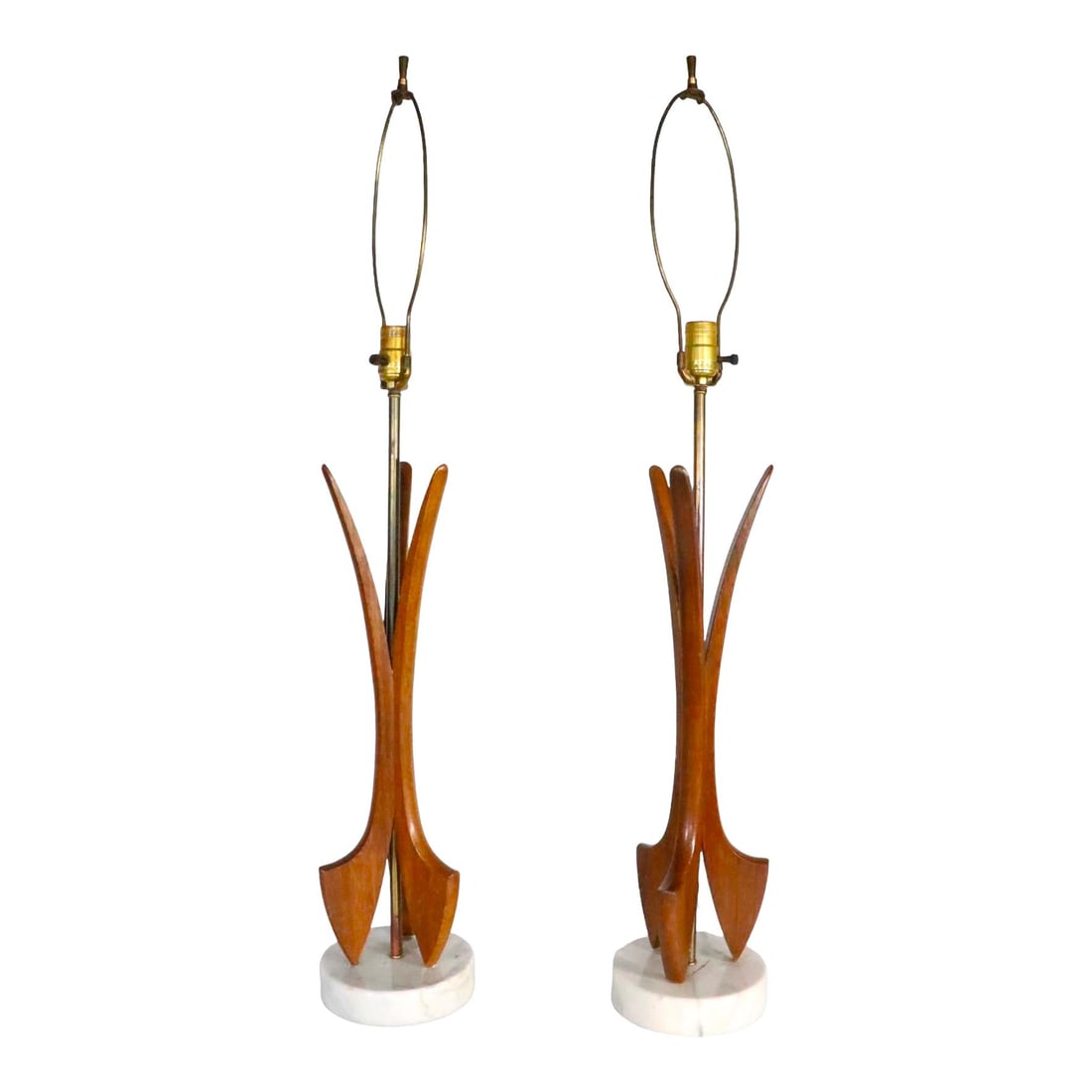 Mid Century Sculptural Walnut Marble Table Lamps Pair C 1950s-1960s (1 of 9)