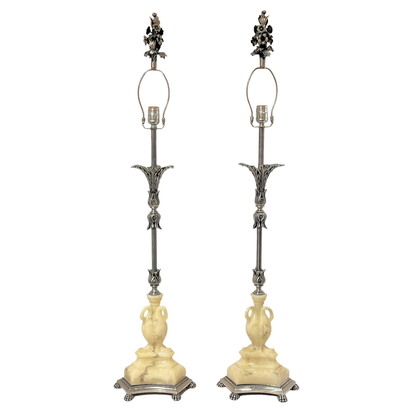Set of 2 Neoclassical Silvered Metal Table Lamps With Swan Motif (1 of 18)