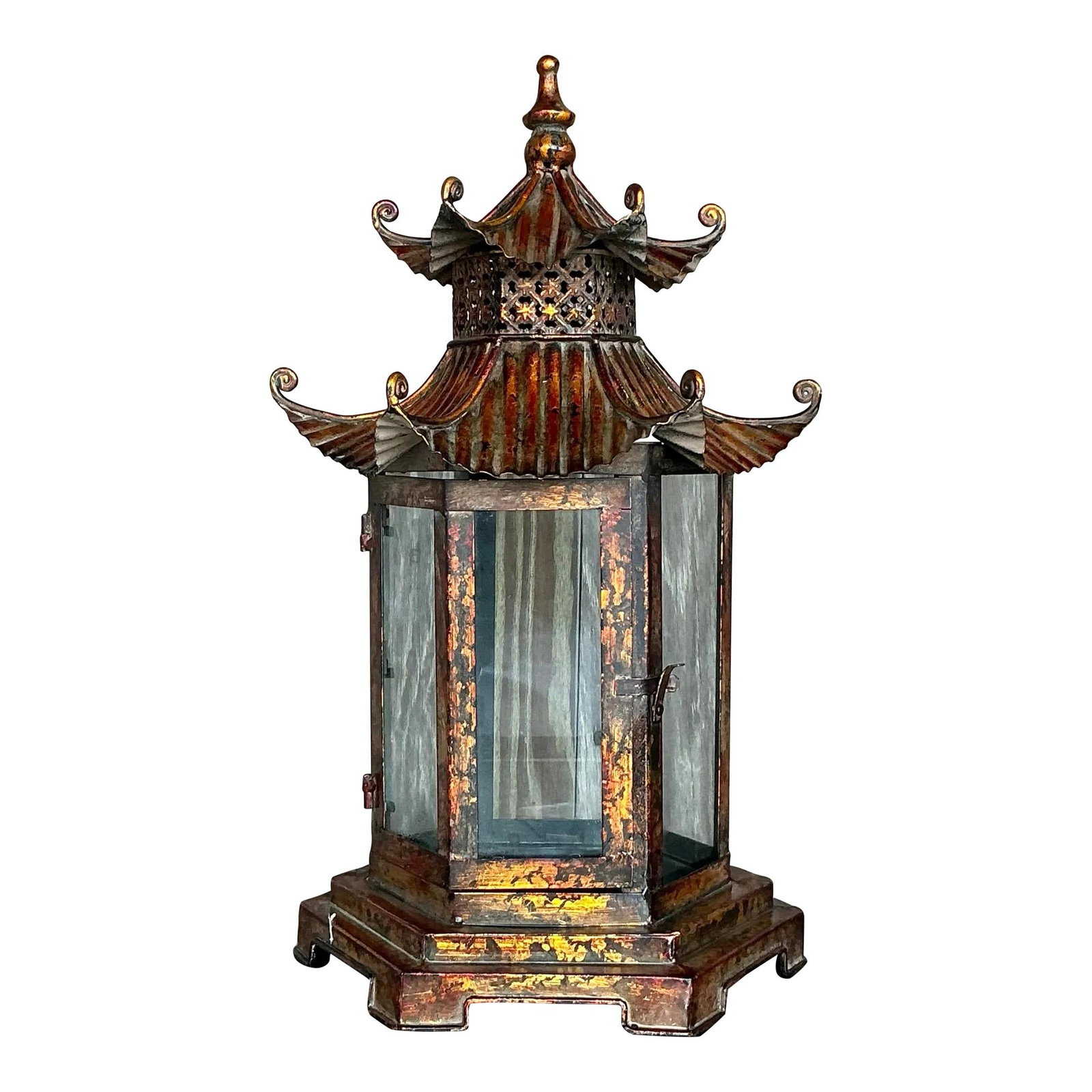 Vintage Asian Patinated Metal Glass Pagoda Lantern 21" Tall (1 of 5)