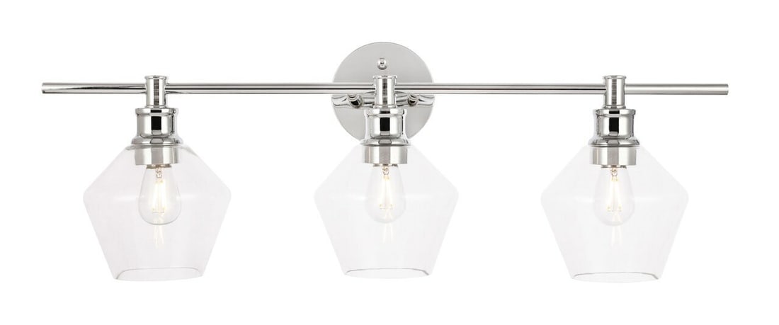 Gene Collection Chrome Wall Sconce with Three Clear Glass Shades for Indoor Use: Gene Collection Chrome Wall Sconce with Three Clear Glass Shades for Indoor Use This modern wall sconce features three lights with a chrome metal frame and clear glass round shades, providing stylish