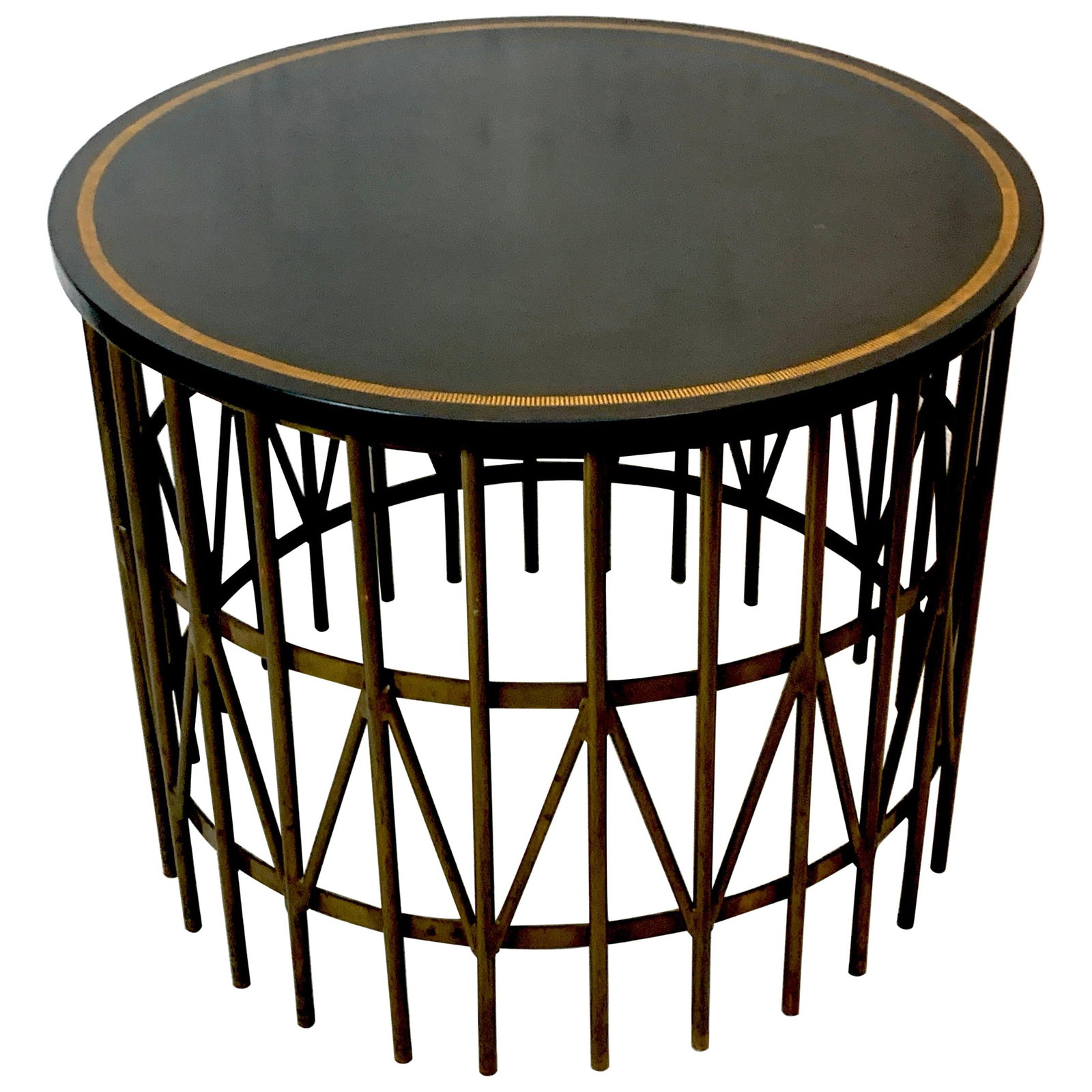 Vintage French Modern Gilt Green Leather Brass Gueridon 1960s (1 of 4)