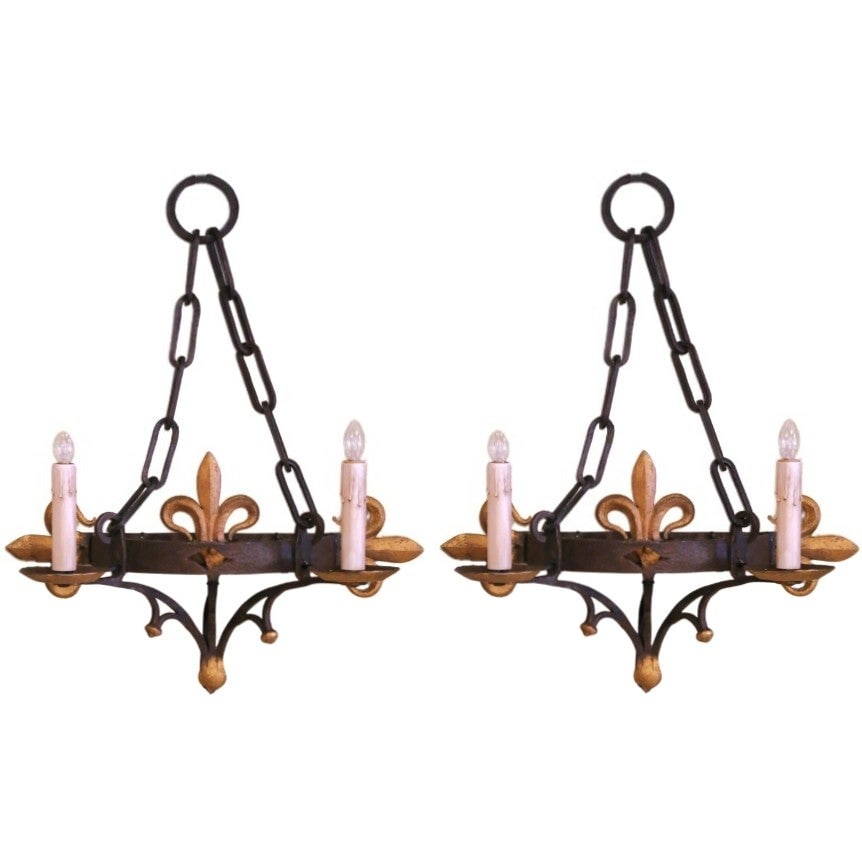 Antique Pair of French Gothic Wrought Iron Sconces with Gilt Fleur-de-Lys Decor (1 of 10)