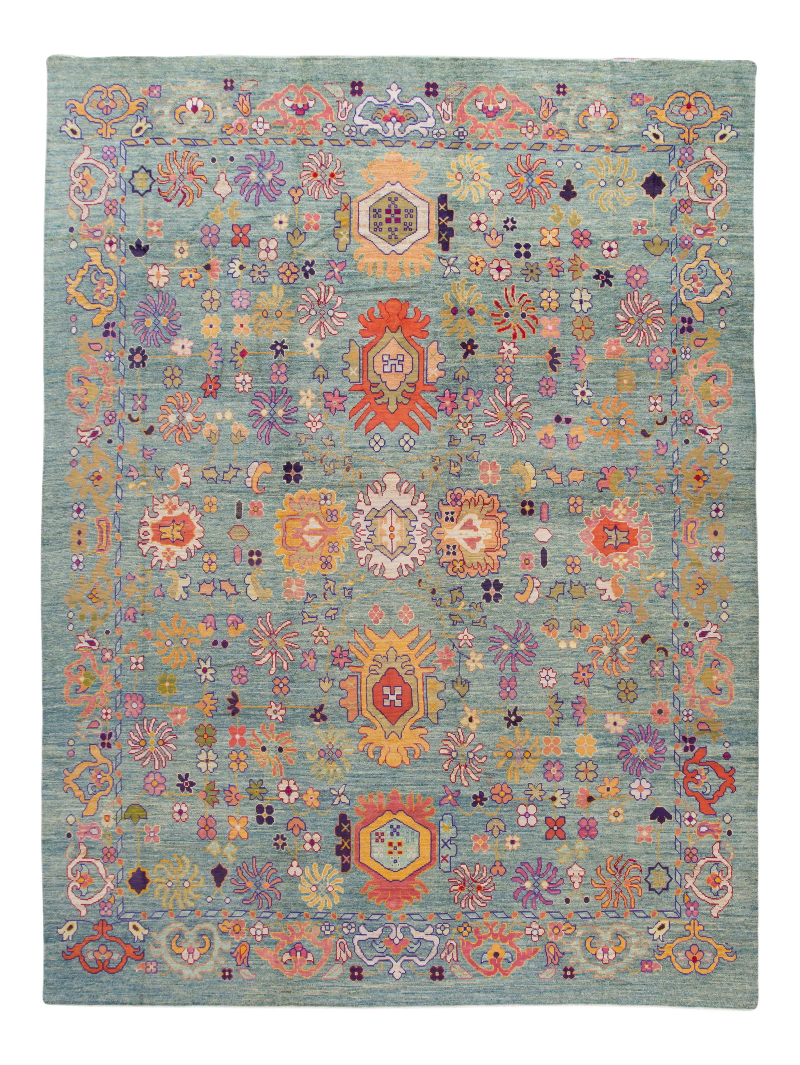 Oversized Blue Wool Oushak Rug with Floral Design 12'4 x 16'3: Oversized Blue Wool Oushak Rug with Floral Design 12'4 x 16'3 Discover the elegance of this oversized modern Oushak handmade wool rug, featuring a stunning blue field adorned with vibrant multi-color
