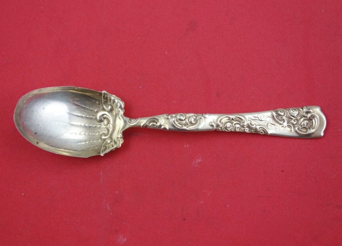 Frank M. Whiting Rose and Scroll Sterling Silver Sugar Spoon Goldwashed 5 7/8" (1 of 2)