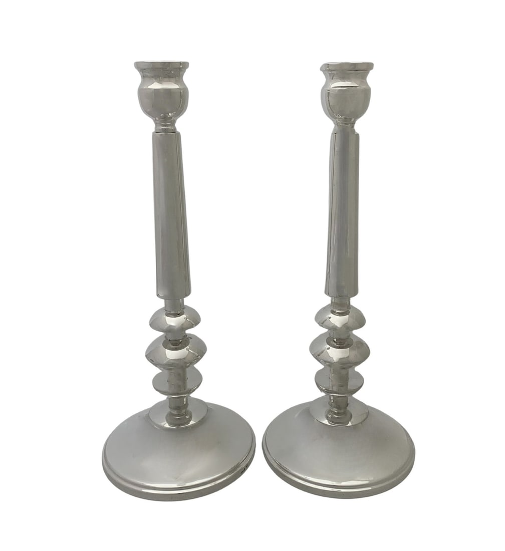 Handmade 925 Sterling Silver Modern Round Candlesticks 14.5 Inches (1 of 2)