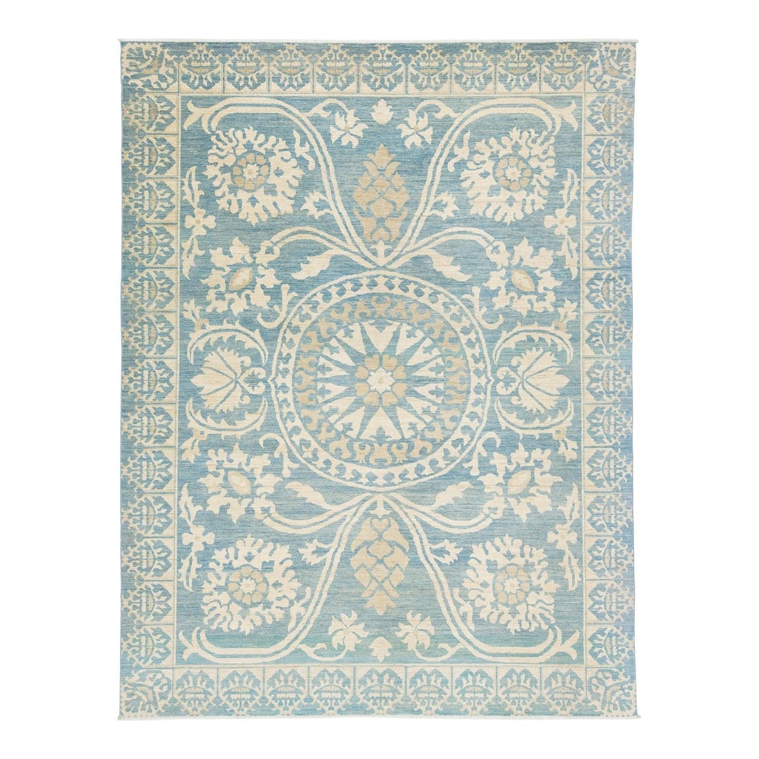Modern Oushak Style Wool Rug 9'2 x 11'10 Blue Rosette Motif: Modern Oushak Style Wool Rug 9'2 x 11'10 Blue Rosette Motif This stunning modern Oushak-style wool rug beautifully merges contemporary aesthetics with traditional craftsmanship. The vibrant blue backg