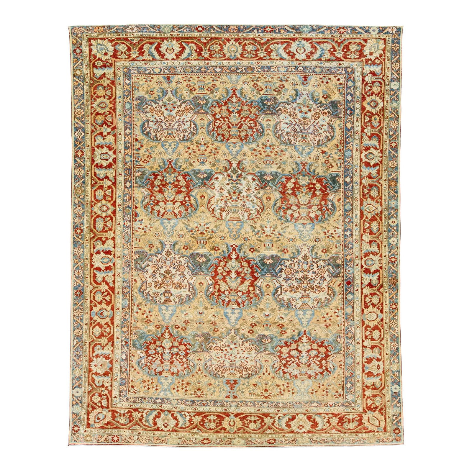 1920s Antique Bakhtiari Wool Rug Tan Multi-Floral Pattern 10'9 x 13'6: 1920s Antique Bakhtiari Wool Rug Tan Multi-Floral Pattern 10'9 x 13'6 This exquisite antique Bakhtiari rug, hand-knotted from high-quality wool, showcases a charming tan-colored field adorned with a c