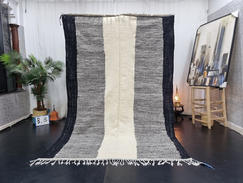 Authentic Handwoven White & Black Rug 8 x 5 Feet Morocco: Authentic Handwoven White & Black Rug 8 x 5 Feet Morocco This authentic White & Black Rug is handwoven by local Berber women weavers in the Atlas Mountains of Morocco, utilizing traditional techniques