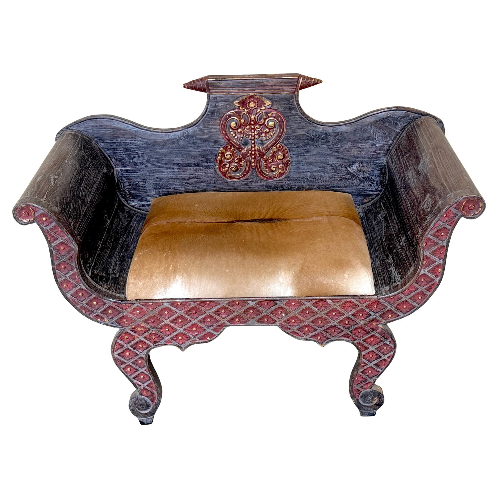 19th Century Anglo-Indian Hand-Carved Polychromed Gondola Settee (1 of 11)