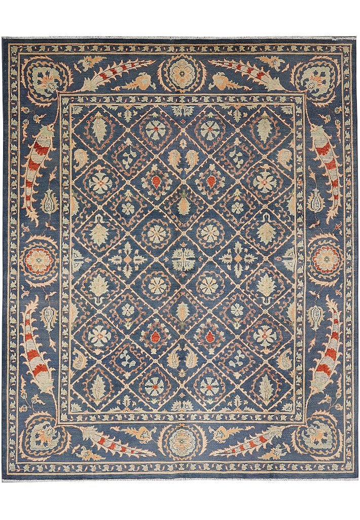 Handmade Agra Wool Area Rug 98 x 119 in Dinem Blue India: Handmade Agra Wool Area Rug 98 x 119 in Dinem Blue India Free continental US Shipping This handmade Agra quality area rug features a denim blue background accented with ivory, beige, red, orange, and
