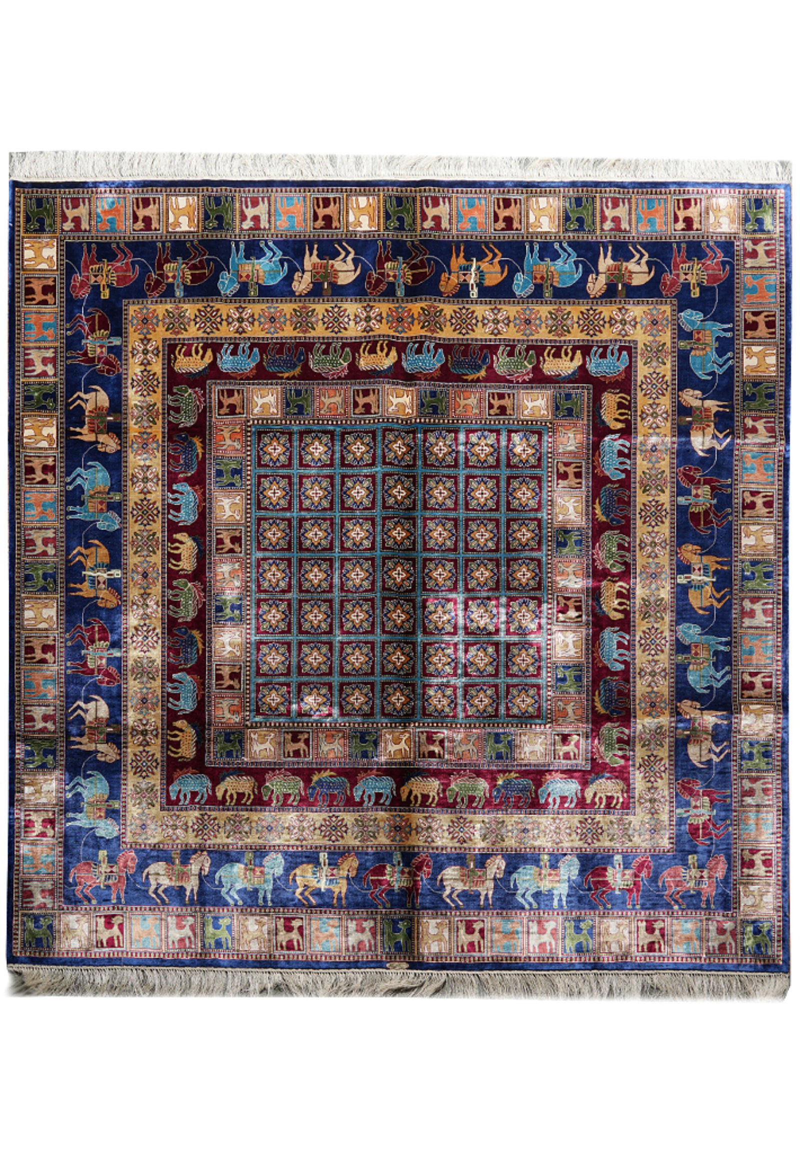 6 x 6 Royal Blue Deep Crimson Silk Bakhtiar Square Rug (1 of 9)