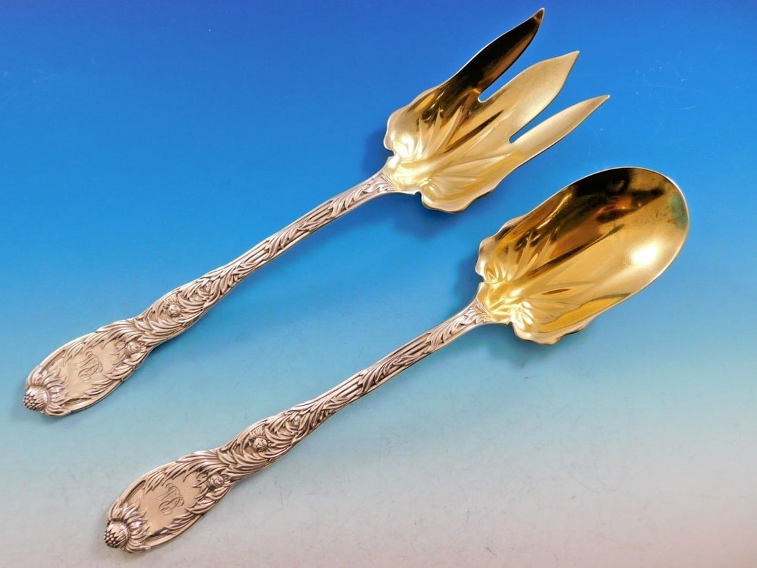 Sterling Silver Salad Serving Pair Chrysanthemum Pattern Gold Wash 10 Inch (1 of 8)