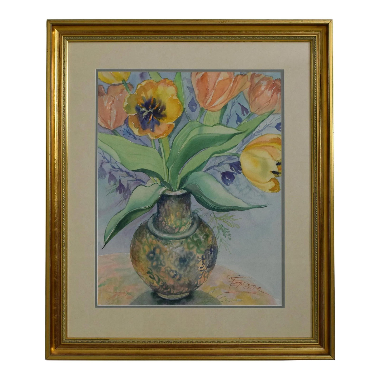 Artist Signed Gold Leaf Framed Still Life Watercolor 28.5 x 34: Artist Signed Gold Leaf Framed Still Life Watercolor 28.5 x 34 This exquisite still life watercolor is a stunning piece of art, showcasing vibrant colors and intricate details. Professionally framed a