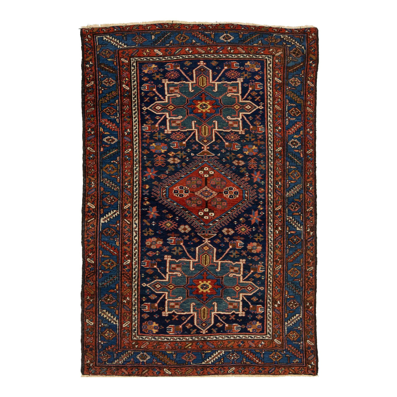 Handmade Antique Persian Heriz Wool Rug in Navy Blue Tribal Design: Handmade Antique Persian Heriz Wool Rug in Navy Blue Tribal Design Enhance your living space with this exquisite antique Persian Heriz wool rug. Handcrafted with care, it features a vibrant multicolor