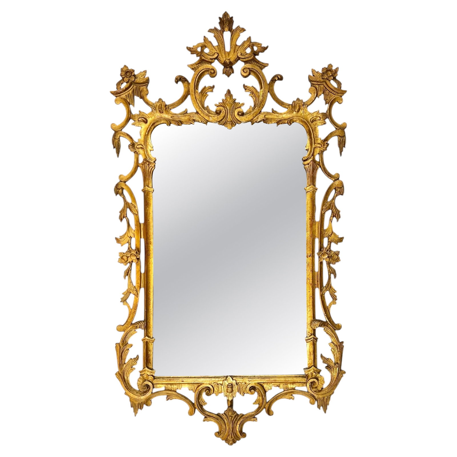 Italian Giltwood Wall Mirror in Chinese Chippendale Design Mid-20th Century: Italian Giltwood Wall Mirror in Chinese Chippendale Design Mid-20th Century This rectangular giltwood wall or overmantel mirror is crafted in the English Chippendale style with elegant decorative deta