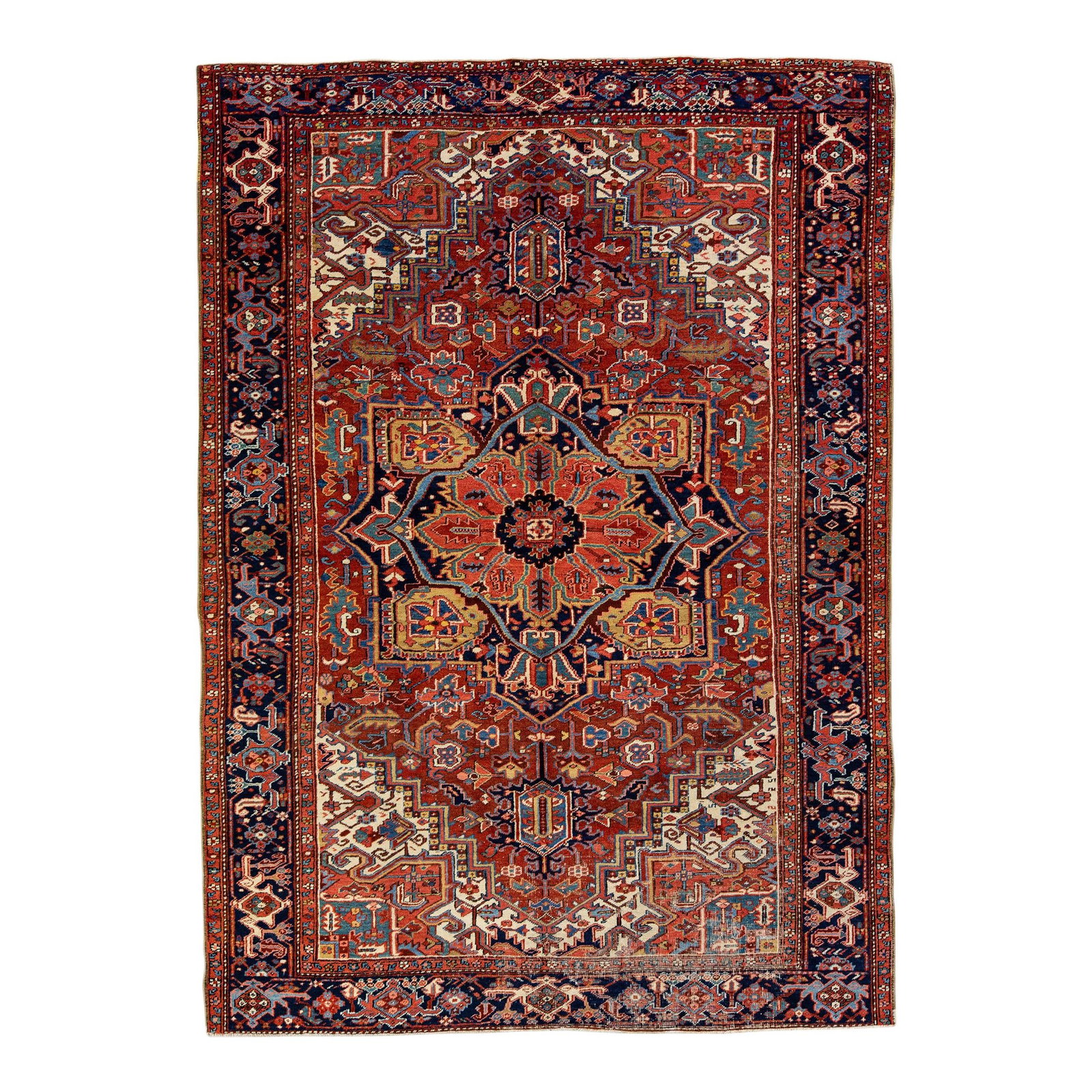 Antique Persian Heriz Hand-Knotted Wool Rug 7'8 x 10'6 Multicolor Medallion: Antique Persian Heriz Hand-Knotted Wool Rug 7'8 x 10'6 Multicolor Medallion Discover the elegance of this antique Heriz hand-knotted wool rug, showcasing a striking rust field complemented by a navy-b
