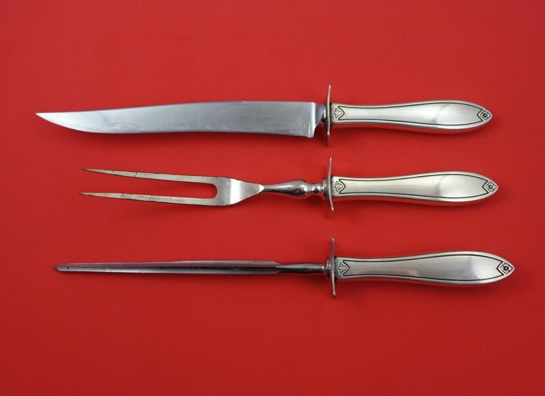 Hallmark Fiesta Sterling Silver 3-Pc Steak Carving Set Knife Fork Hone (1 of 2)