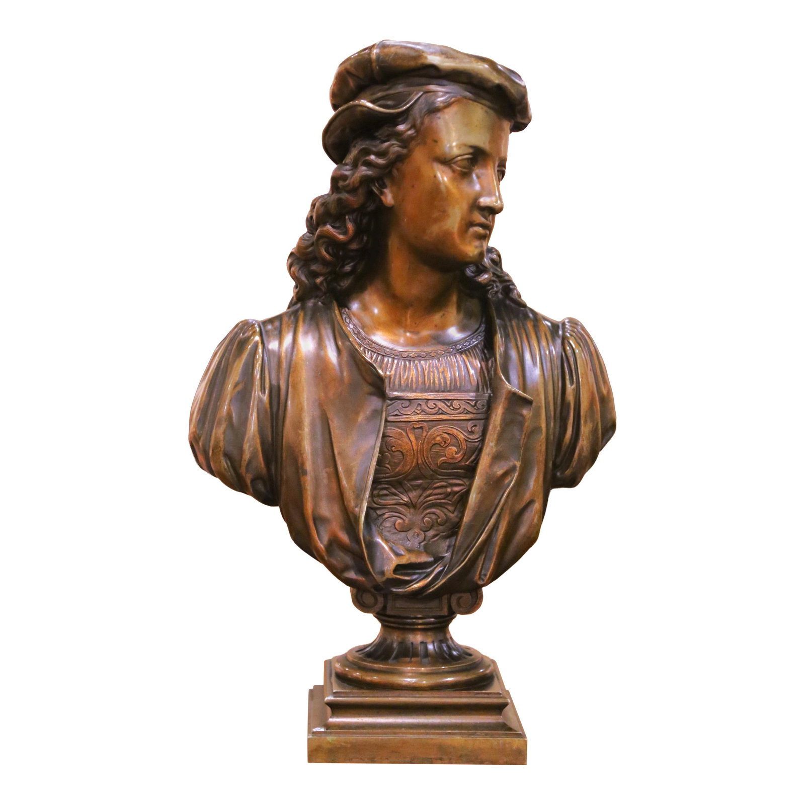 French Bronze Renaissance Revival Bust Signed by Alexandre Duchoiselle circa 1880: French Bronze Renaissance Revival Bust Signed by Alexandre Duchoiselle circa 1880 This late 19th century French Renaissance Revival bronze bust, crafted circa 1880, depicts a refined gentleman in rich