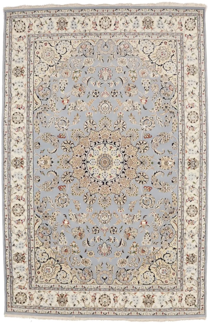 Indo-Nain Hand-Knotted Wool and Silk Floral Rug 6'3 x 9'7 Light Blue: Indo-Nain Hand-Knotted Wool and Silk Floral Rug 6'3 x 9'7 Light Blue This hand-knotted Indo-Nain Oriental rug features a classic floral pattern in shades of light blue, cream, red, brown, green, tan,