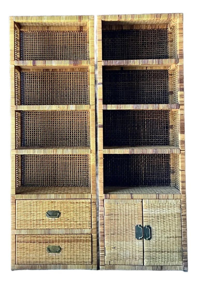 Pair of 1970s Rattan Campaign Style Boho Etageres with Brass Accents (1 of 9)
