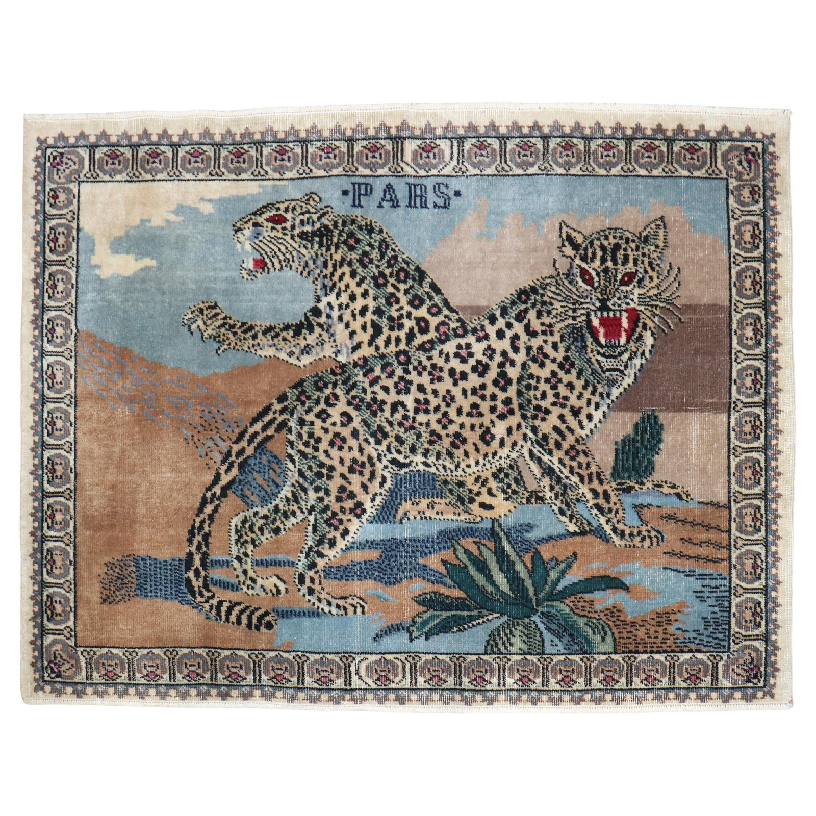 Mid-20th Century Turkish Wool Folk Art Rug with Pictorial Angry Jaguars (1 of 7)