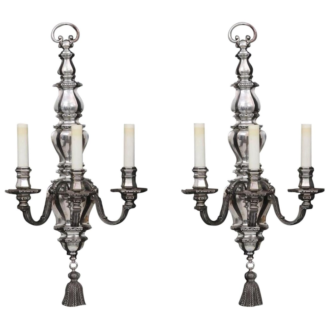 Set of 2 Silvered Metal Neoclassical Three-Arm Wall Sconces Circa 1910s (1 of 10)