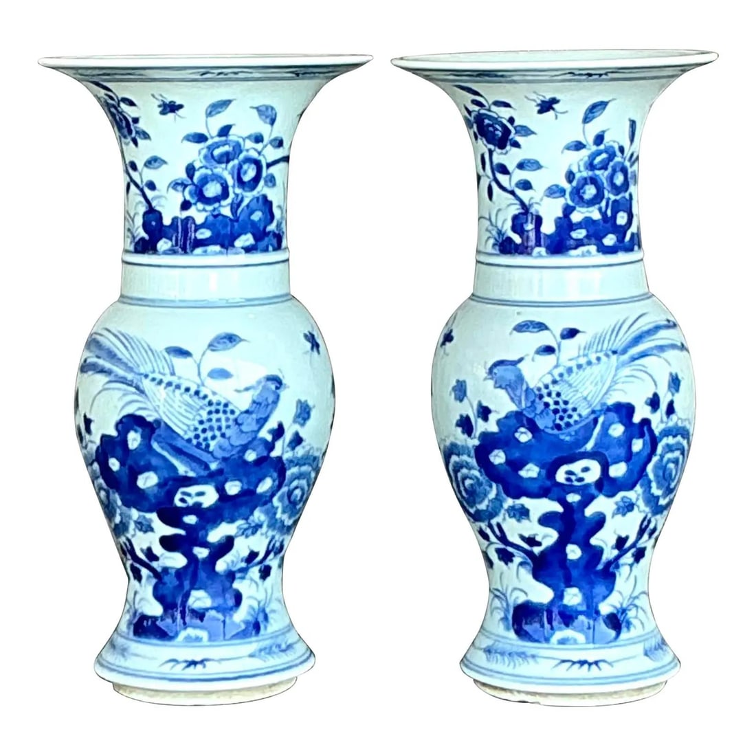 Elegant Vintage Asian Blue White Porcelain Vases Pair (1 of 10)