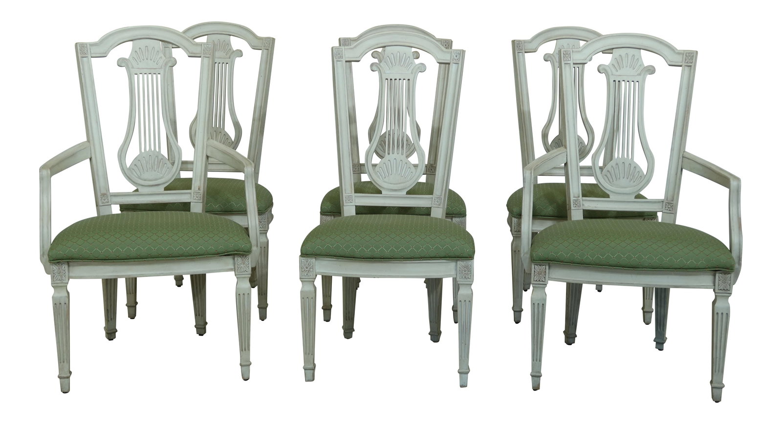 Set of 6 Italian Style White Dining Chairs with Green Upholstery (1 of 10)