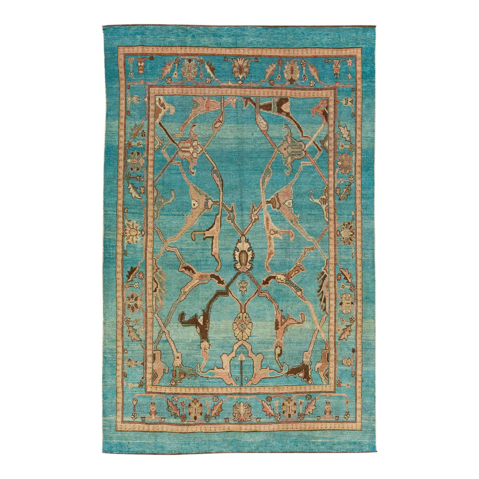 Handmade Teal Wool Rug Mid-Century Modern Tribal Motif 6'6 x 10'4: Handmade Teal Wool Rug Mid-Century Modern Tribal Motif 6'6 x 10'4 Enhance your living space with this stunning Mid-Century Modern style handmade rug, inspired by 19th-century regional artisans. This u