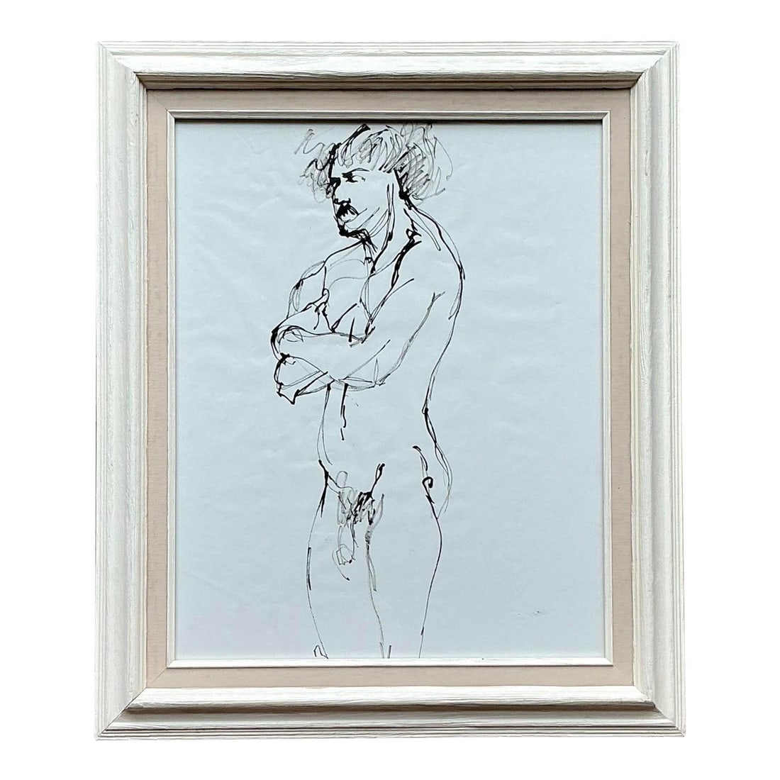 Framed Mid-Century Ink Figure Drawing on Paper Bohemian Style: Framed Mid-Century Ink Figure Drawing on Paper Bohemian Style This vintage original ink sketch on paper features a bold and expressive figure study, capturing a bohemian spirit through dynamic lines a