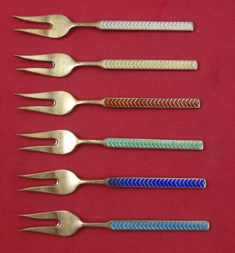 Meka Sterling Silver Cherry Fork Set 6-pc Vermeil Enamel 3 3/4 Inch (1 of 2)