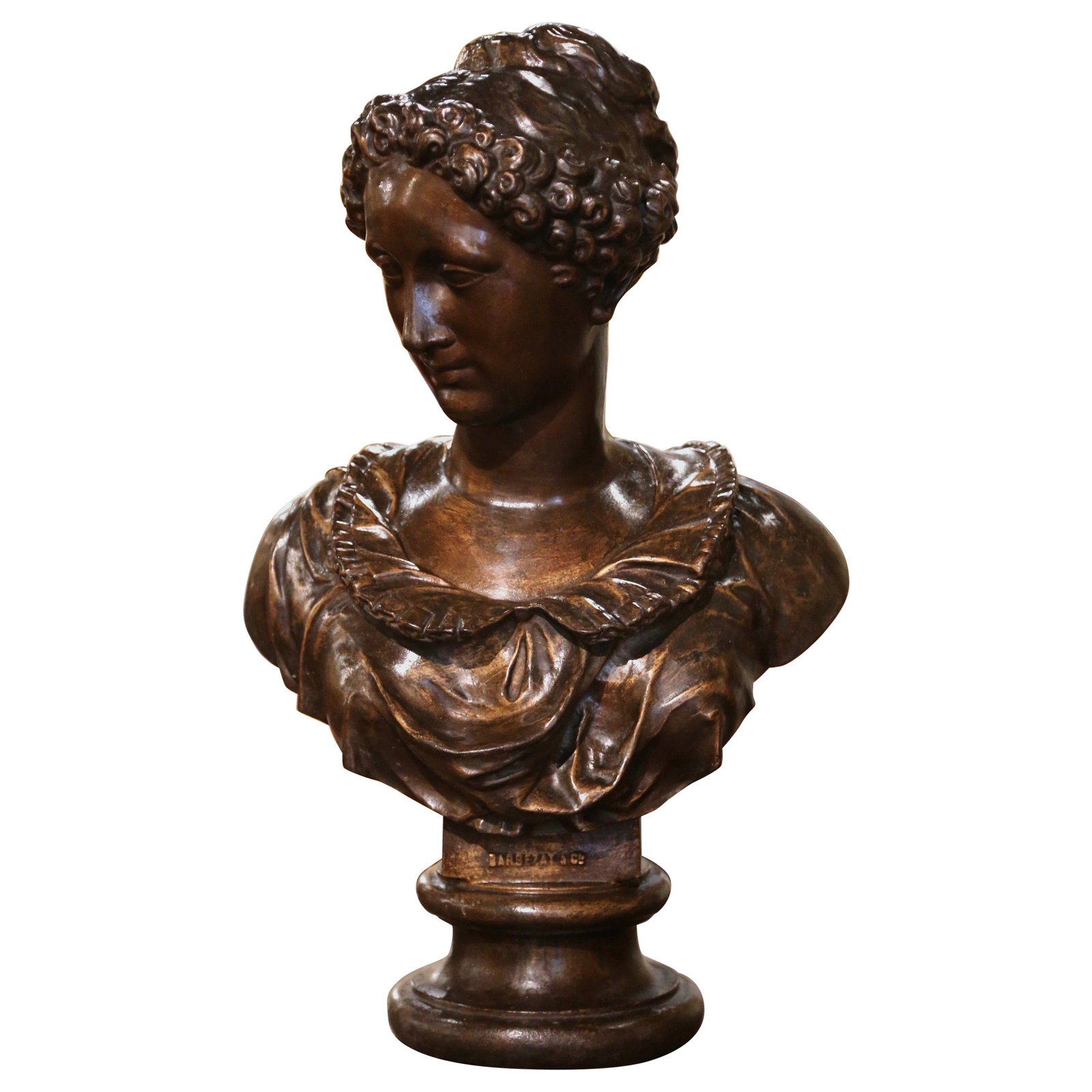 19th Century Louis XVI Patinated Iron Bust by Barbezat & Cie: 19th Century Louis XVI Patinated Iron Bust by Barbezat & Cie This stunning 19th Century French bust, crafted from patinated cast iron, is a captivating representation of female beauty in the Louis XVI
