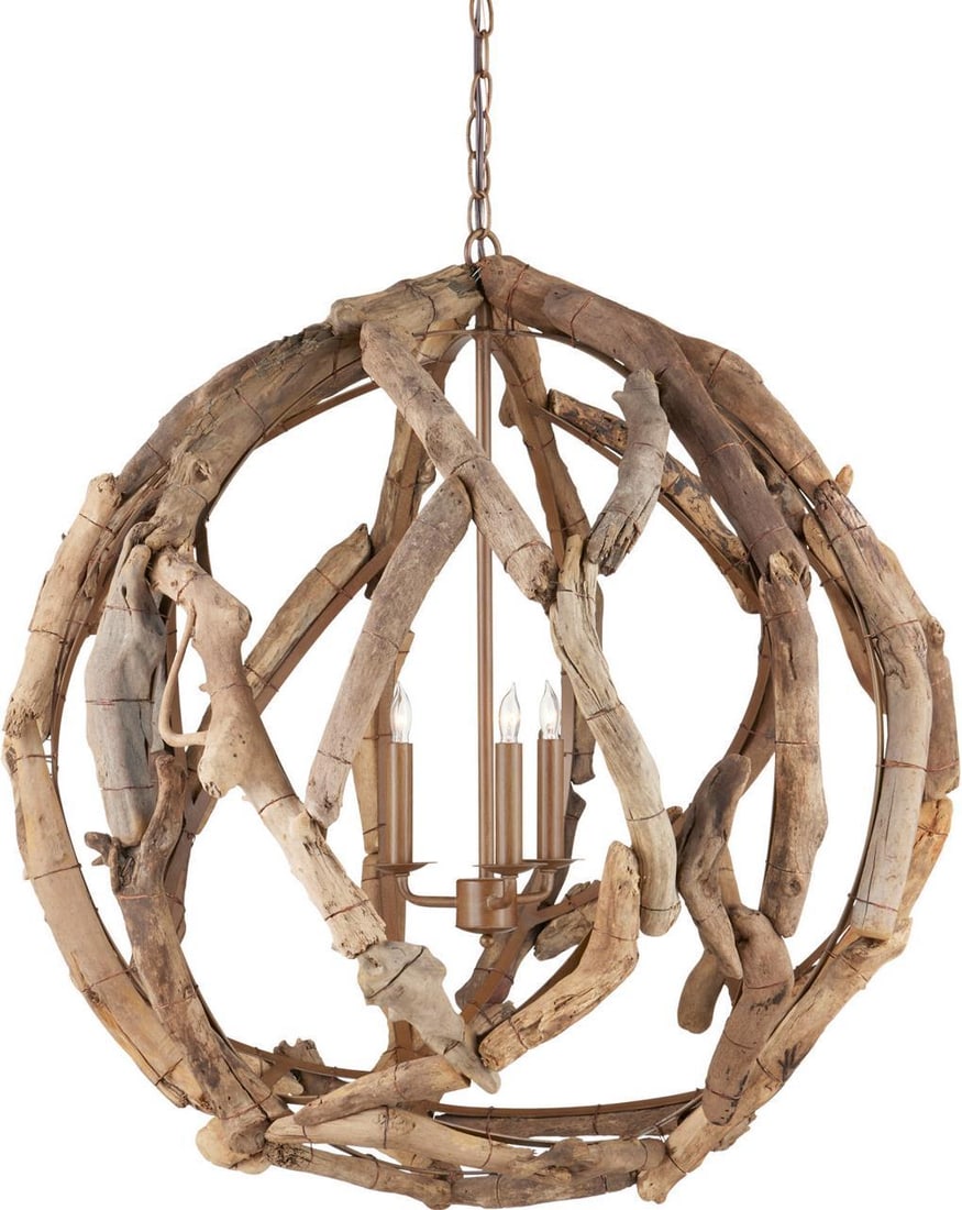 Rustic Currey Driftwood Orb Chandelier 3 Bulb 31H 29W 29D (1 of 3)